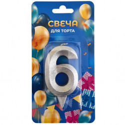 Свеча -цифра "6" Грань серебро блеск 7см